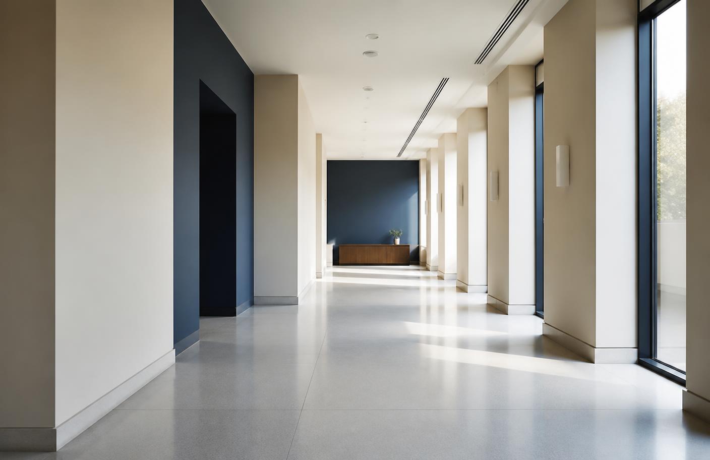 Clean, empty commercial building corridor after professional sanitation