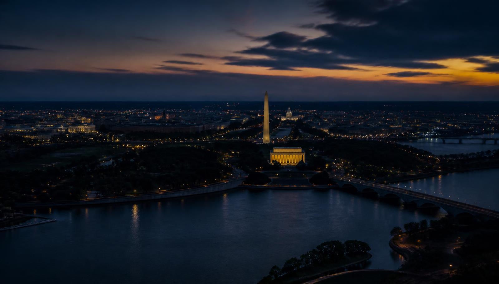 Aerial view of the Washington, DC metropolitan region at dusk