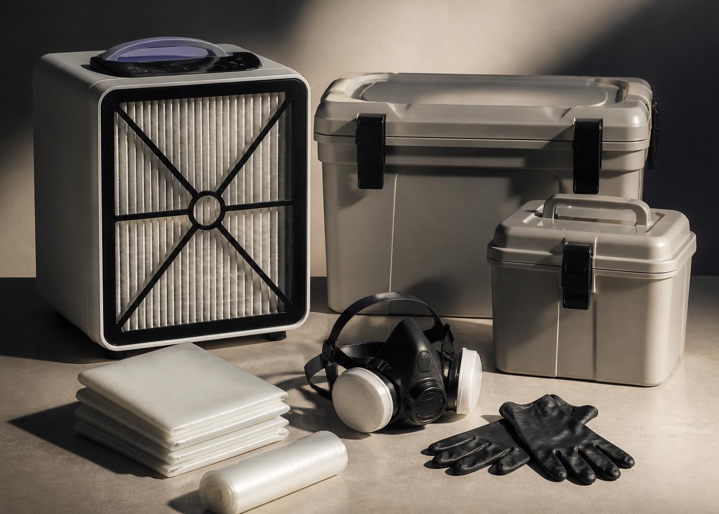 Professional decontamination equipment including an air scrubber, respirator, gloves and sealed containers